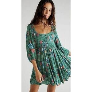 Free People Womens Endless Summer Picnic Printed Smocked Mini Dress Green Floral